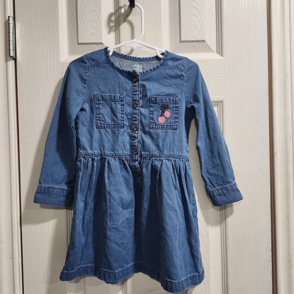 Child of Mine by Carter's Denim Chambray Dress 3T Long Sleeve Cherry Patch Cute